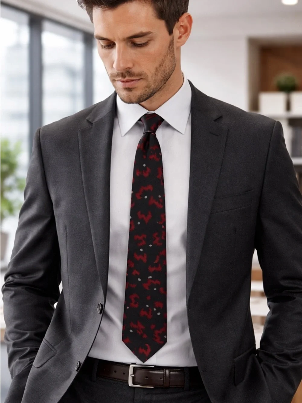 Giorgio Armani Silk/Wool Blend Black and Red Patterned Tie